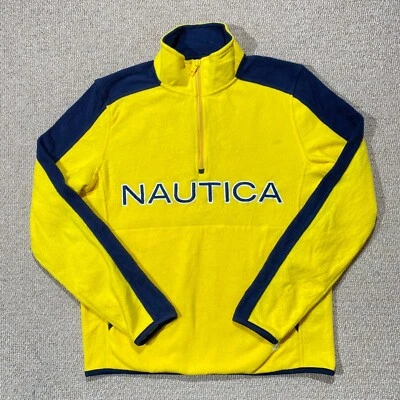 Nautica Fleece Mens XS Yellow Blue Embroidered Spell Out 1/4 Zip Sherpa Sweater - Image 1 of 4