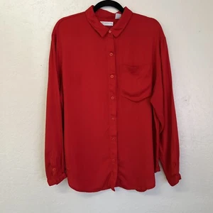 Vintage 90s Liz Claiborne Red Flowy Rayon Collared Button Up Blouse Sz 14 EVC - Picture 1 of 5