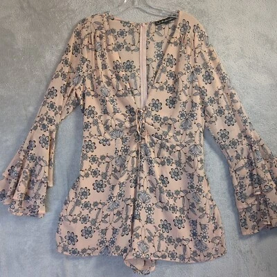 For Love & Lemons Pia Peach 黑色花卉印花连身裤女式 L 码浪漫 — 第 1/4 张图片