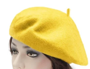 Women Beret Beanie Hat French Style Artist Cap Yellow Color Wool Casual Classic - Picture 1 of 5