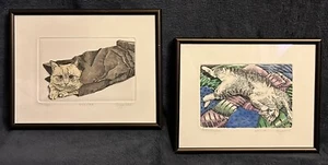 2 Pencil Signed & Titled Ltd Ed David Bigelow Framed Cat Prints / Etchings 7”x9” - Picture 1 of 12