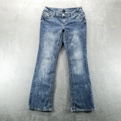 Pantalones de mezclilla Ariya para mujer 10 cortos azules corte bota tiro bajo solapa bolsillos elásticos Y2K Foto 1 de 4