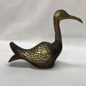 Vintage Hand Carved Wood And Brass Duck Collectible
