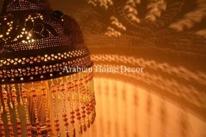 Handcrafted Moroccan Gold Brass Jeweled 24" Floor Lamp Light with Beaded Chains - Picture 1 of 4