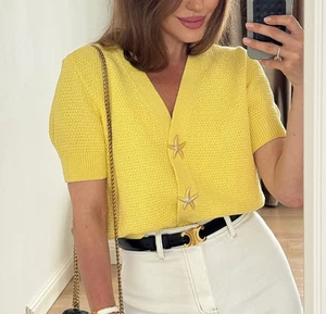 Zara Yellow Starfish Star Button Short Sleeve Knit Cardigan Size M Bloggers Fave - Picture 1 of 12