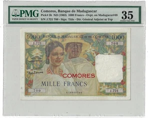 35 PMG 1000 Francs ND(1963) Comoros OVP. on Madagascar Banknote # 5b - Picture 1 of 3