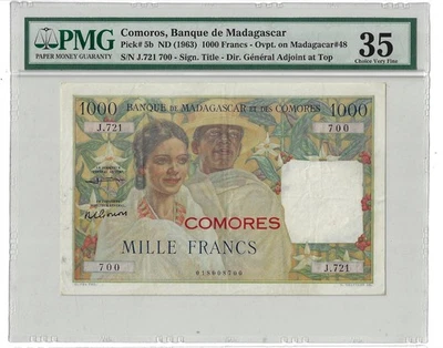 35 PMG 1000 Francs ND(1963) Comoros OVP. on Madagascar Banknote # 5b - Image 1 of 3