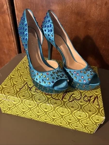 Gianni Bini 8.5 Platform Heels Bermuda Blue Satin Multi Colored Rhinestone Party - Picture 1 of 11