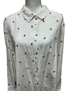 LC Lauren Conrad Women’s Blouse-Size 2XL-White/Pink Hearts Button Up Long Sleeve - Picture 1 of 12