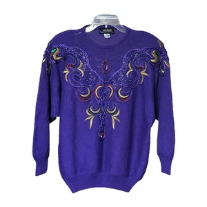 Malain Vintage Purple Sweater 1X Hand Loomed Beaded Embroidered Jewel Design NWT - Picture 1 of 8
