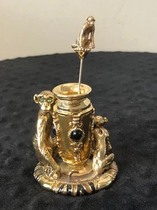 St John Gold Toned Hors D'oeuvre Metal Pick Toothpick Holder Figural Monkeys - Picture 1 of 8