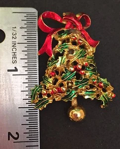 Vintage Gold Christmas Brooch Bell Holly Pin Red Green Enamel Ugly Sweater AddOn - Picture 1 of 2