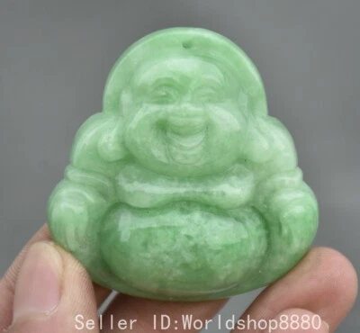 2" Ancient China Jadeite Jade Carved Happy Laugh Maitreya Buddha Amulet Pendant - Image 1 of 4