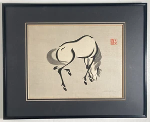 Xilografia giapponese originale vintage seta cavallo al pascolo -firmata anni '40 - Foto 1 di 10