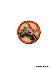 Vintage Girl Scouts Badge Painting Yellow Background Orange Rim Paintbrush - Picture 1 of 2
