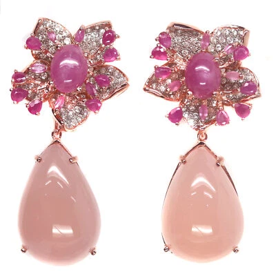 Natürlich 19 X 27 Mm. Pink-Chalcedon Rubin Saphir Zirkon Ohrringe 925 Silber - Bild 1 von 4