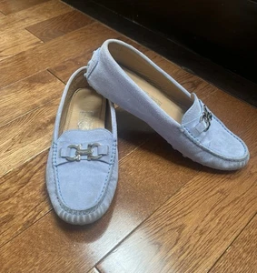 SALVATORE FERRAGAMO Women’s Gancini Blue Suede Horsebit Driving Loafers Saba 5.5 - Picture 1 of 10