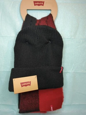 Levi's Gorro y Bufanda Exterior Negro Rojo Set de Regalo Foto 1 de 4