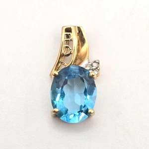 10K Yellow Gold Diamond & Blue Topaz 'I Love You' Slide Pendant Prong Setting - Picture 1 of 11