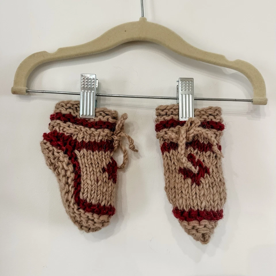 Knit Baby Booties 6-12 Mos Beige Burgundy Maple Leaf Lined Booties Handmade Wool - Image 1 of 4