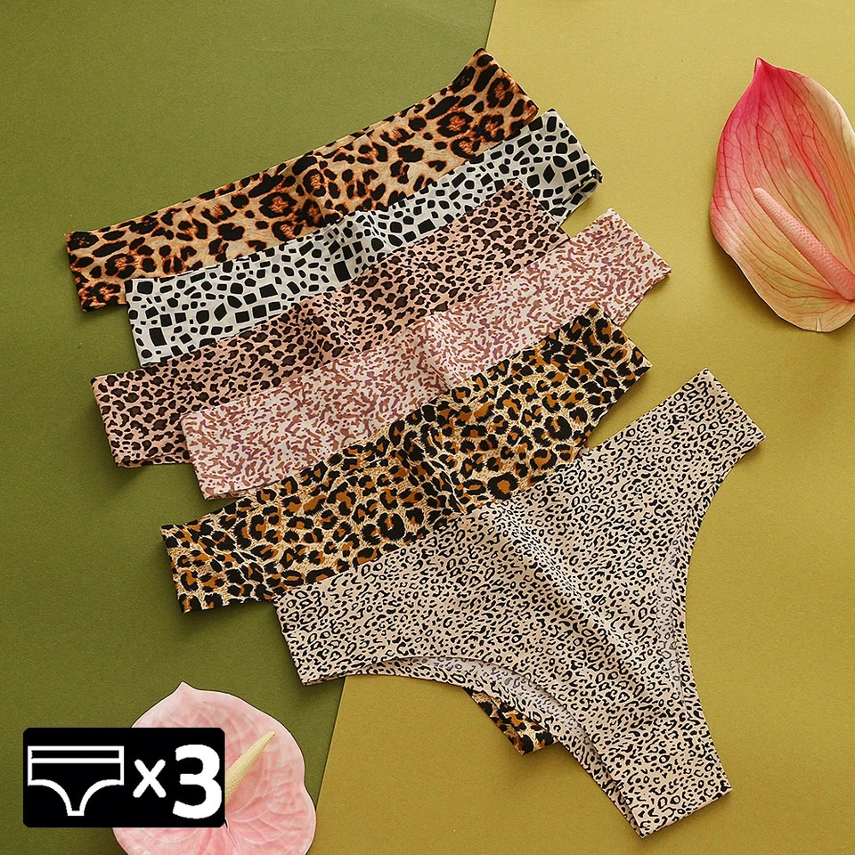 Leopard Thongs Ice Silk Women Seamless Printed Soft Sexy Underwear 3 Pack - Image 1 of 4