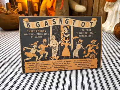 VINTAGE PRIMITIVE RETRO STYLE HALLOWEEN BEGGARS NIGHT LOOT CANDY BAGS WOOD SIGN - Image 1 of 4