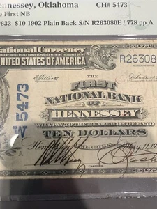 1902 Plain Back $10 National HENNESSEY, OK Charter #5473 Oklahoma 949708-1 - Picture 1 of 3