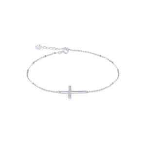 14K Solid White Gold Sideways Cross Bracelet - Charm Rolo Chain Link Women Men - Picture 1 of 2