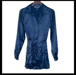 Susan Graver Hammered Satin Top Size M Button Up Long Sleeve Collar Side Slits - Picture 1 of 8