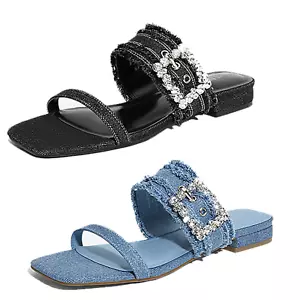 Women Low Heel Flat Sandals Square Open Toe Comfortable Slip On Slide Sandals - Picture 1 of 15