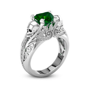 Exquisite Women's Green Crystal Zircon Skull Ring Punk Silver Jewelry Size 9