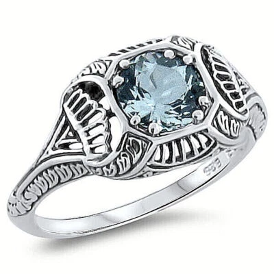 GENUINE AQUAMARINE 925 STERLING SILVER DECO ANTIQUE STYLE FILIGREE RING     287X - Image 1 of 3
