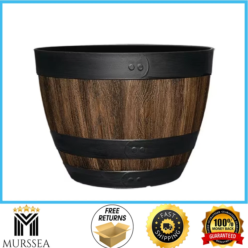 Resin Wine Barrel Planter Indoor Outdoor Large Flower Garden Decor Pot 16 In.