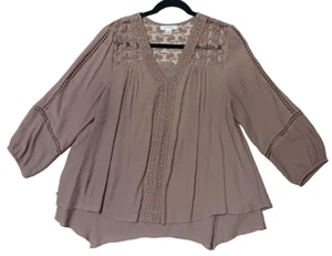 JOHN PAUL RICHARD Taupe 3/4 Sleeve Lace Yoke Blouse Large boho coquette - Picture 1 of 5