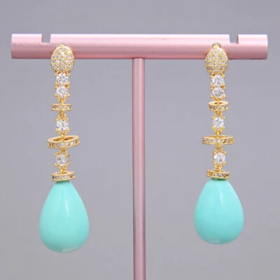 Teardrop Turquoise Blue Sea Shell Pearl Yellow Gold Plated Earrings - Image 1 of 4