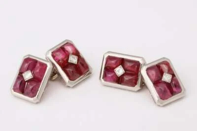 French Art Deco Four Cabochon Rubies Surround a Central Round CZ Men's Cufflinks - Image 1 of 4