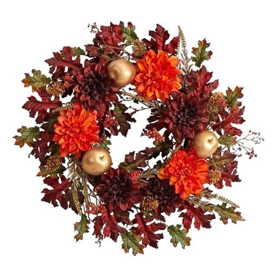 Pemberly Row 24" Fall Dahlia/Golden Apple/Oak Leaf/Berries Artificial Wreath - Image 1 of 4