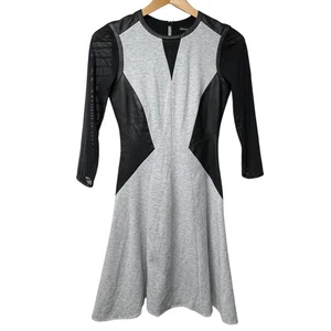 Karen Millen Grey Black Faux Leather Mesh Sleeve Fit Flare Dress Size 4 - Picture 1 of 5