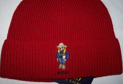 NWT Polo Ralph Lauren Red COWBOY BEAR Wool-Blend Men's Knit Beanie Hat SO SHARP - Image 1 of 4