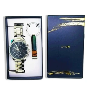 Avon Silver Watch with Stainless Steel Bracelet with Gift Box & Key Ring Mens - Picture 1 of 11