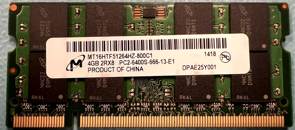 Micron MT16HTF51264HZ-800C1 4GB DDR2-800Mhz PC2-6400 SODIMM Laptop Memory RAM - Image 1 of 1