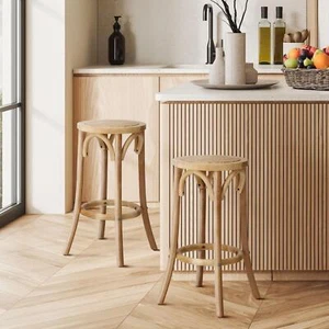 Oikiture 2x Bar Stools Kitchen Vintage Dining Chair Rattan Seat Natural - Picture 1 of 10