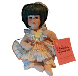 Porcelain Sitting Doll 8 Inch Black Hair Blue Dress Paradise Galleries Small - Picture 1 of 12