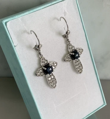 Blue Star Sapphire & White Zircon Cross Dangle Earrings 925 Sterling Silver - Image 1 of 4