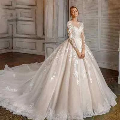 White Full Sleeve O-Neck Wedding Dresses Organza Ball Gown Lace Up Bridal Gowns - Image 1 of 4
