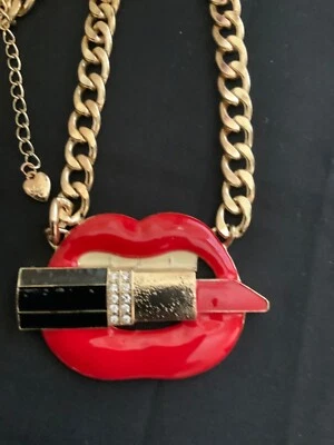Betsey Johnson Huge Red Lips with Lipstick Charm Necklace  - Image 1 of 4