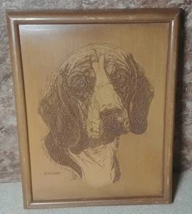Vintage Beagle Dog Portrait Wood Etching by EH Hart 12" x 9" - Picture 1 of 3