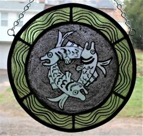 Stained Glass ,Hand Painted, Kiln Fired, Swirling Fish Panel, #2600-07 Cover