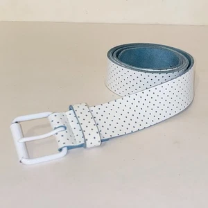 Vintage White Genuine Leather Belt with Tiny Light Teal Blue Polka Dots Size XL - Bild 1 von 12