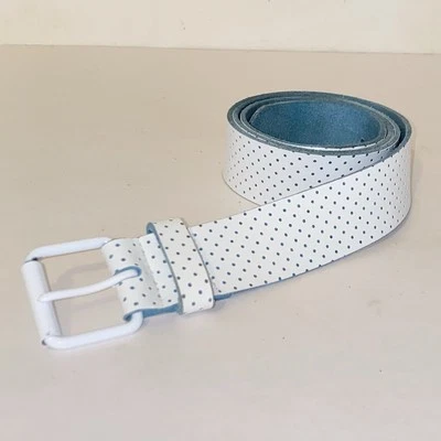 复古白色真皮腰带带小浅蓝圆点 XL 码 — 第 1/4 张图片